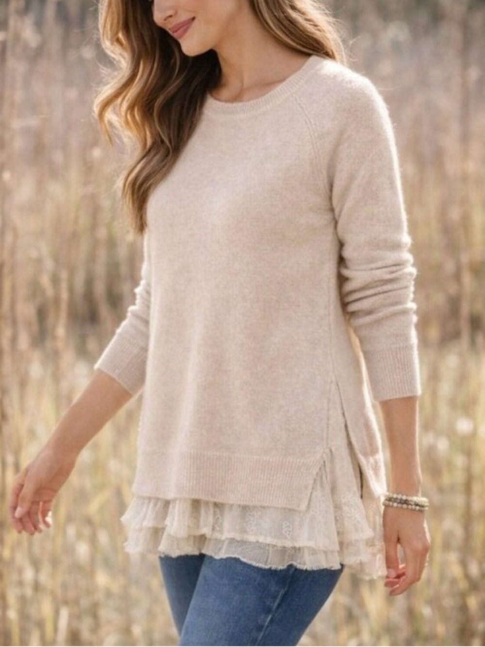 Garnet Hill 100% Cashmere Ruffle Hem Sweater - Beige - Small